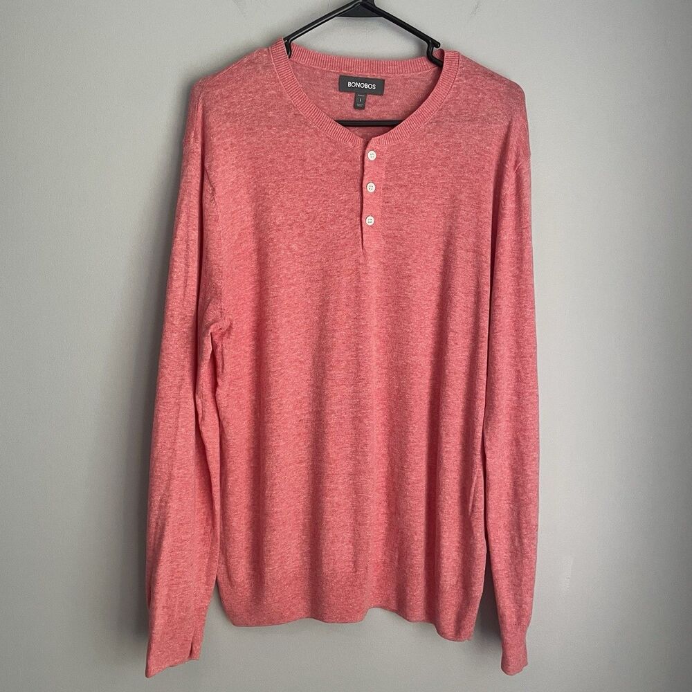 Bonobos Cotton Linen Sweater Men's L Slim Fit Pink Heather Henley Lightweight